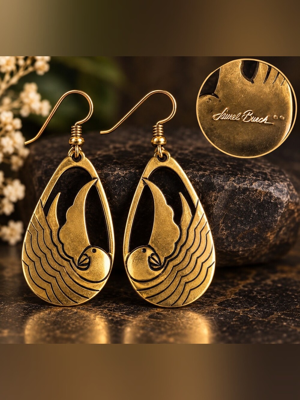 Vintage Laurel Burch Signed Bird Earrings Gold Tone Sculptural Dangle